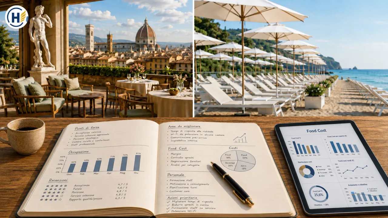 Una terrazza affacciata sulla città, uno stabilimento balneare e un quaderno di appunti su una scrivania