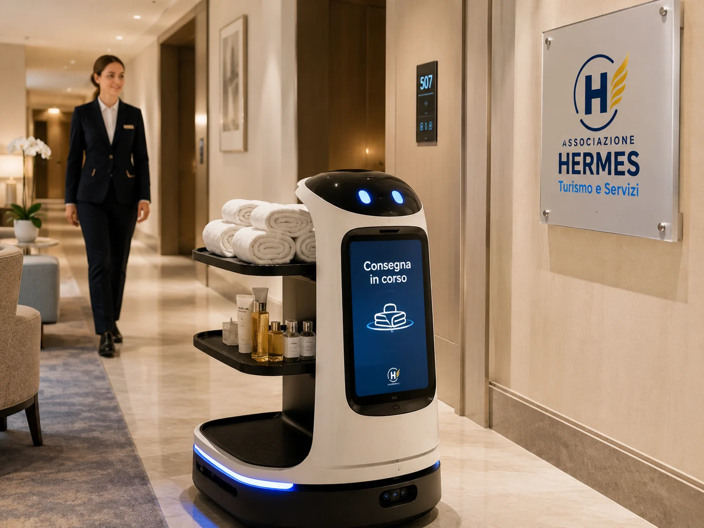 Robot per il servizio in sala in una struttura ricettiva — convenzione Pudu Robotics